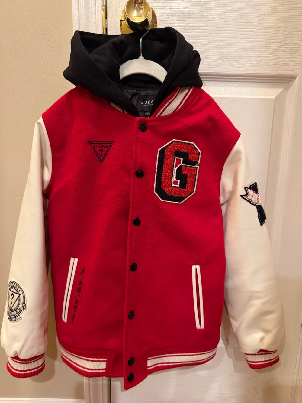 Guess Red, White & Black Varsity Jacket with Hood size10